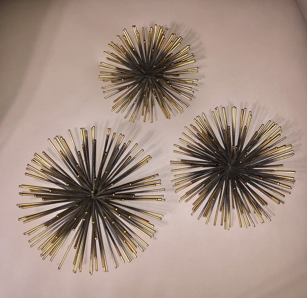 3 Gold/Black Starburst Metal Atomic MCM Style Sea Urchin Wall Hangings Decor