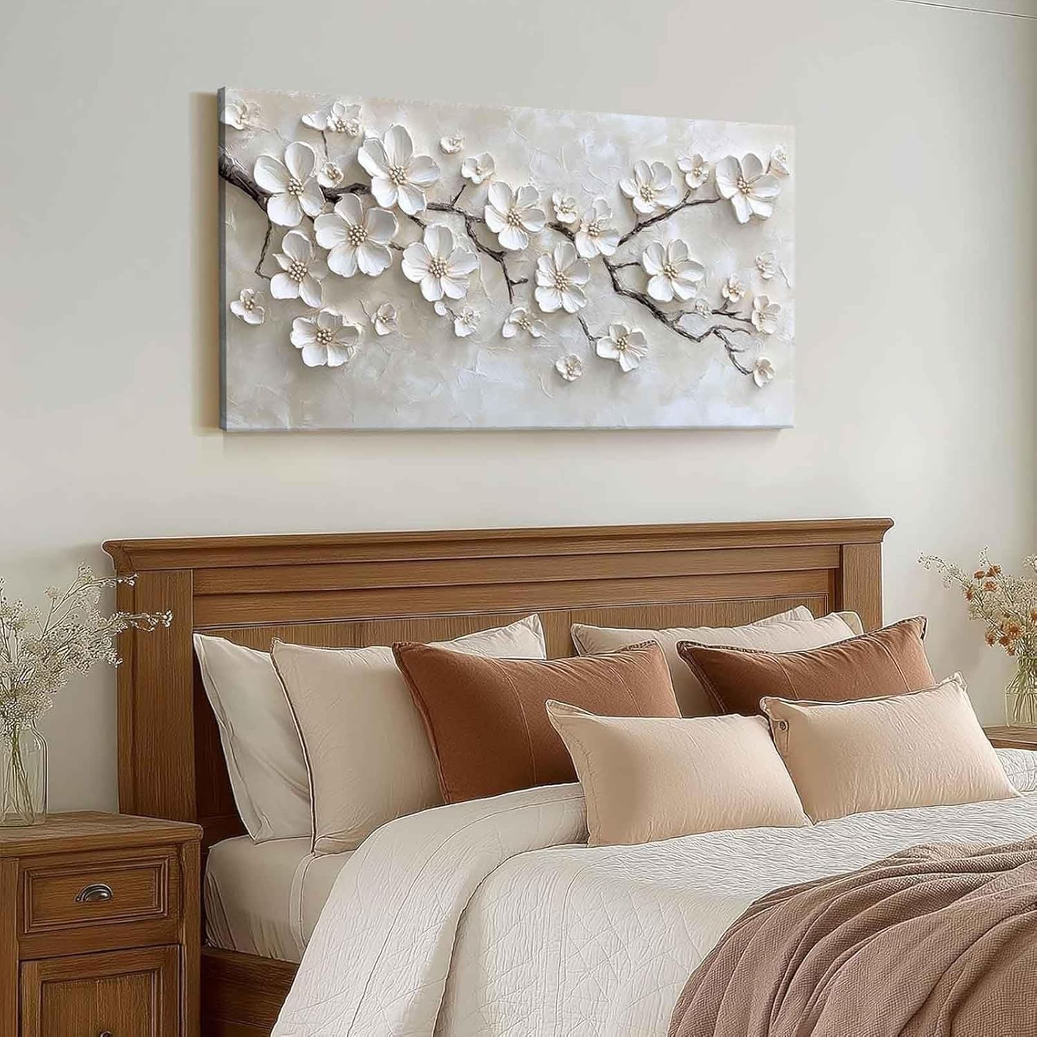Large White Flower Canvas Wall Art 3D Texture Plant Floral painting Decor Pic…
