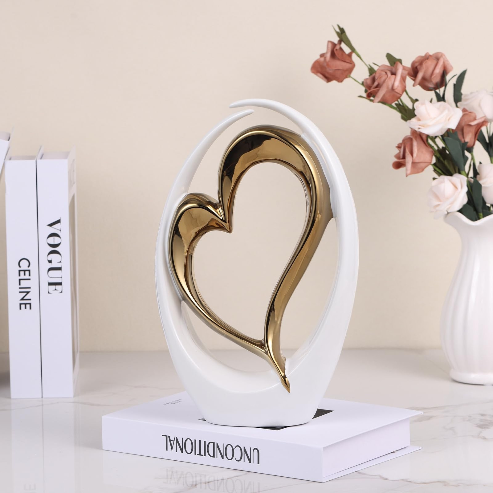 White and Gold Ceramic Statues, Abstract Heart Sculptures for Bedroom Decor, …