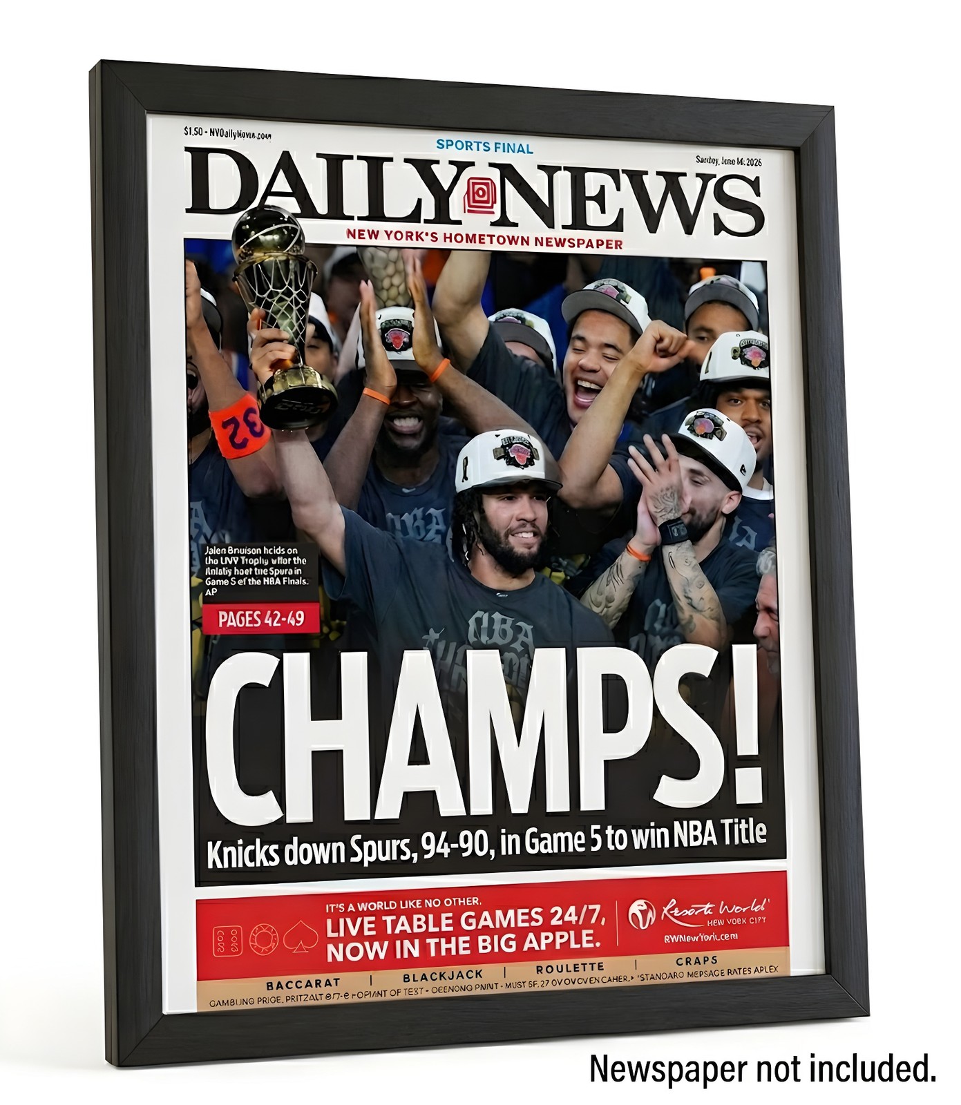 New York Daily News Newspaper Frame, Black Wood, Blue & Orange Mat