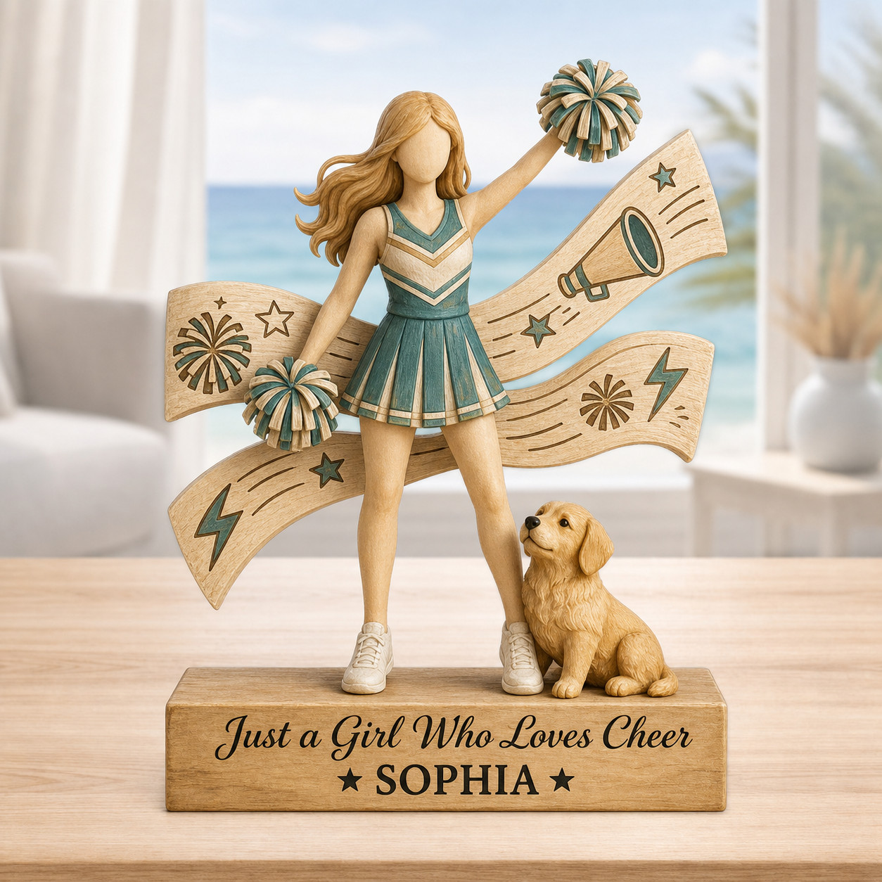 Custom Cheer Girl Wooden Block, Personalized Cheerleader Gift With Dog