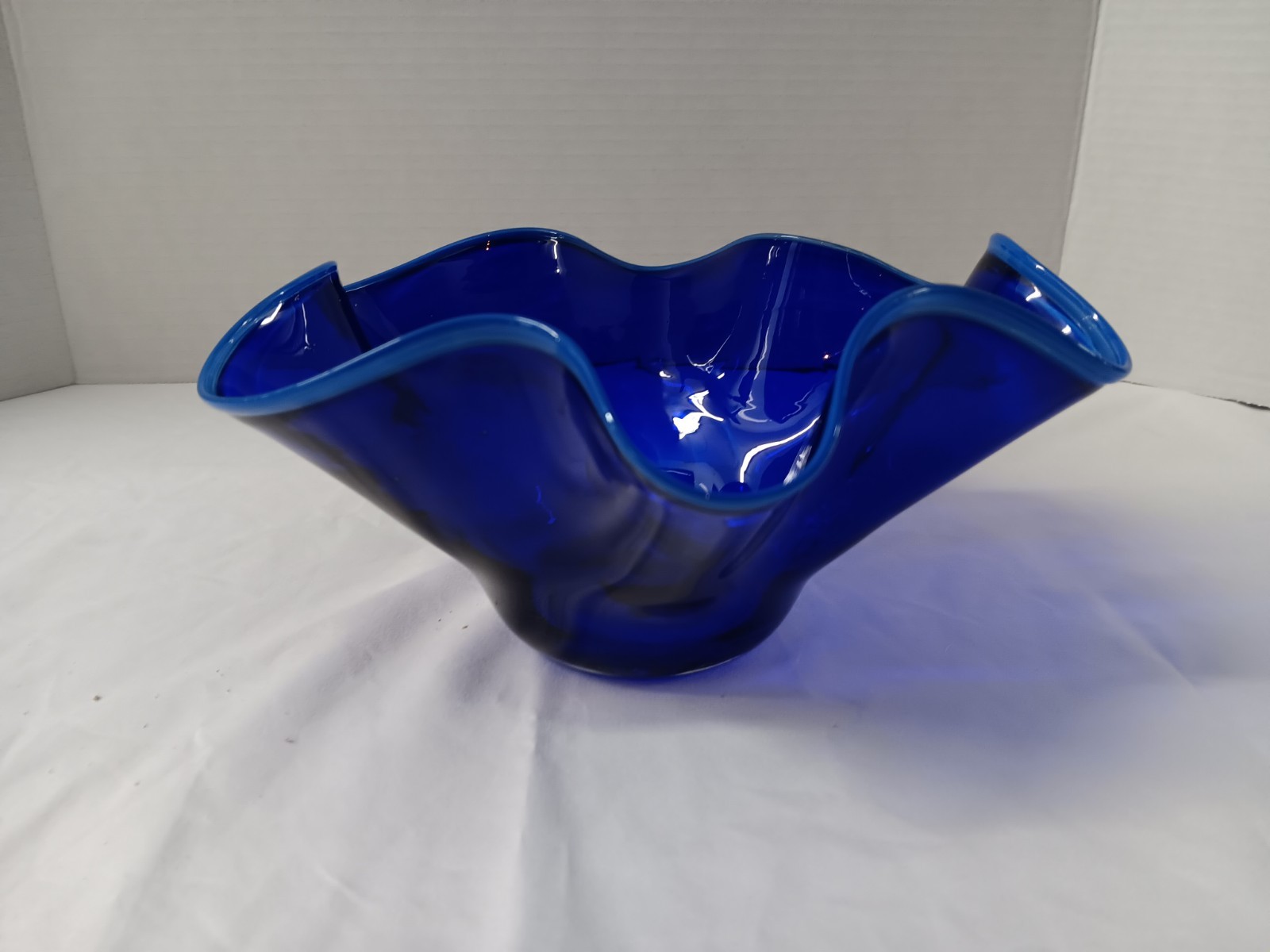 Jensen K…(?) Signed Cobalt Blue Bordered Blue Handkerchief Glass Bowl