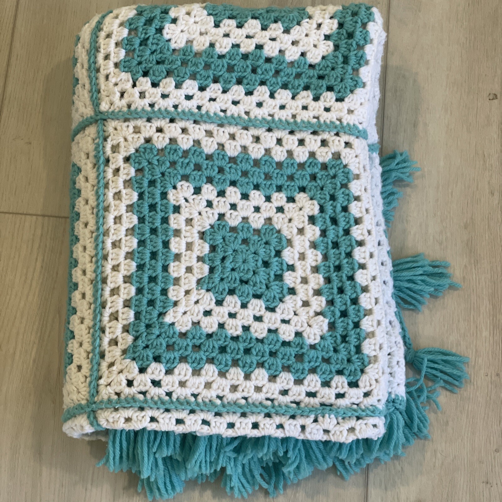 Vintage Blue & White Granny Square Crocheted Afghan Throw Blanket 72×43