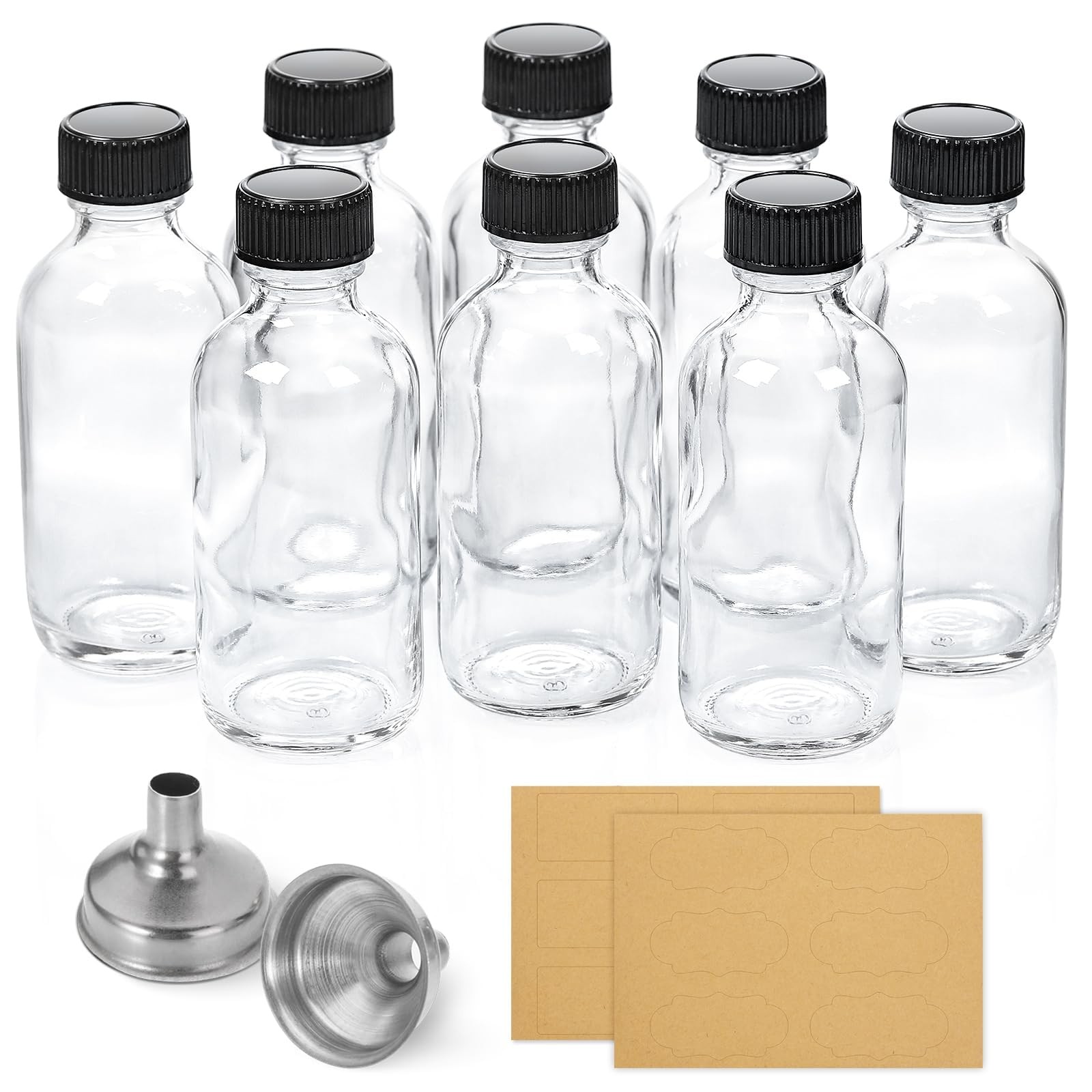 AOZITA 8 Pack, 2 oz Small Clear Glass Bottles w/Lid & 2 Funnels – 2oz,