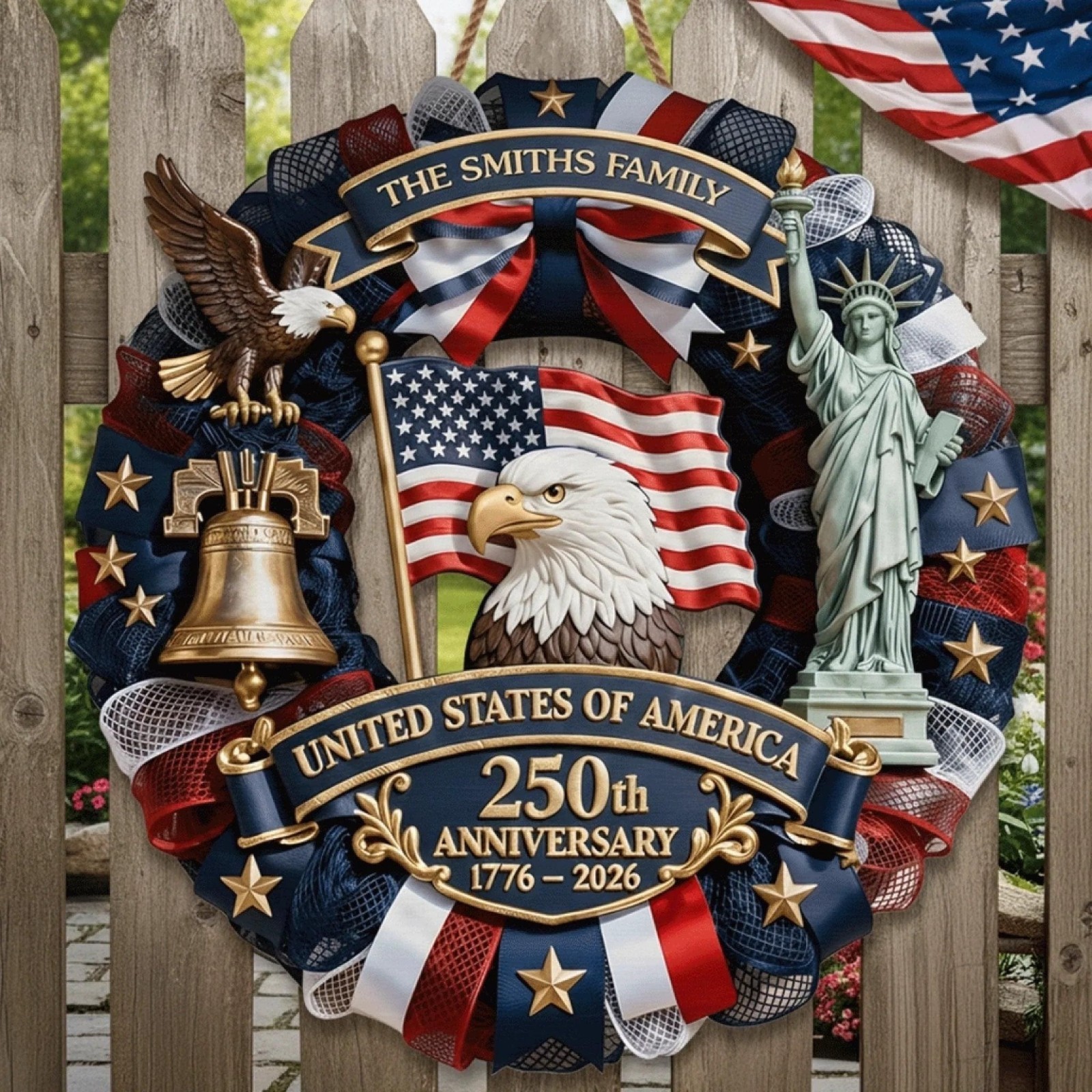 Personalized America 250th Anniversary Wood Wreath, Patriotic Door Sign,