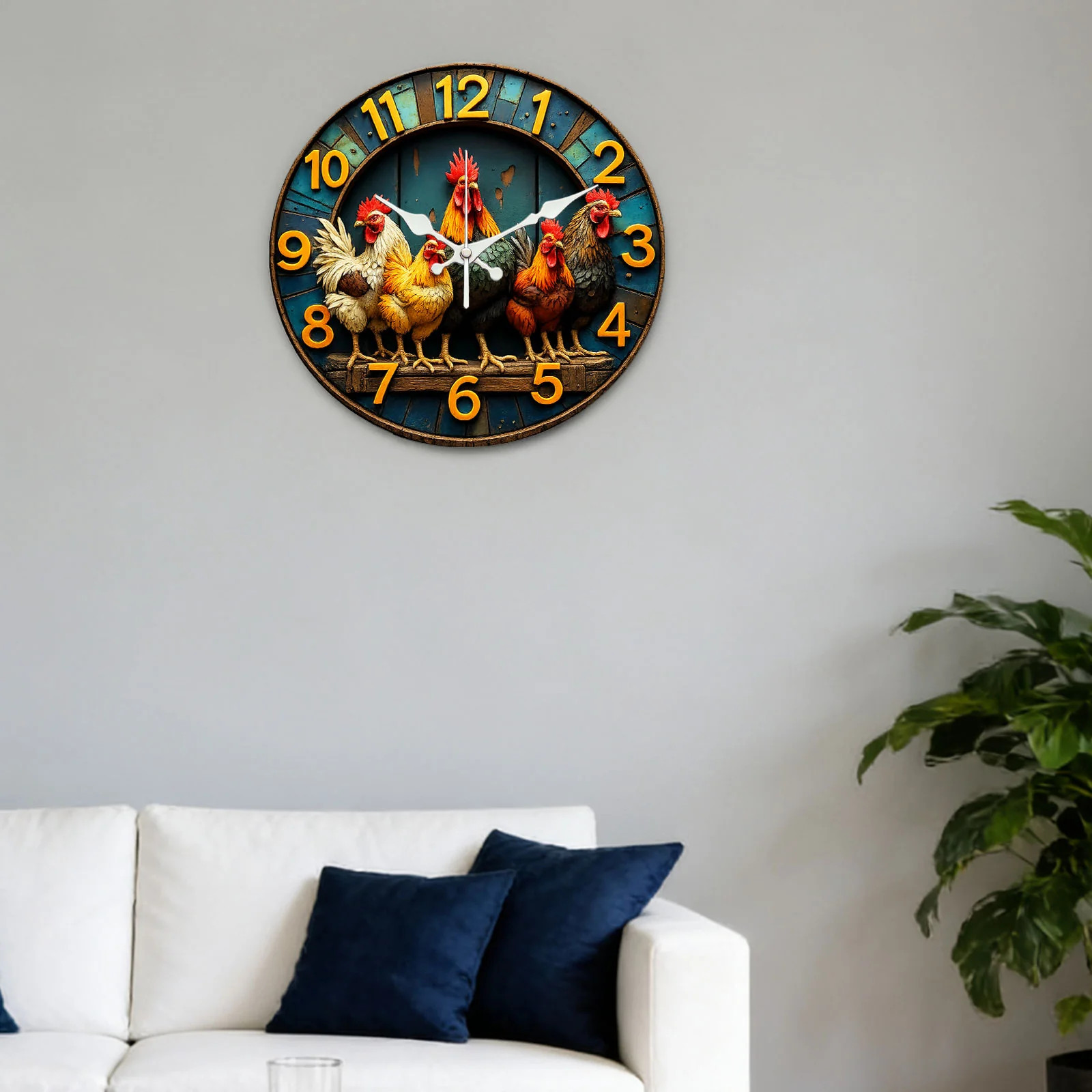 Rooster Pattern Wooden Silent Wall Clock No Battery Holiday Home Decors
