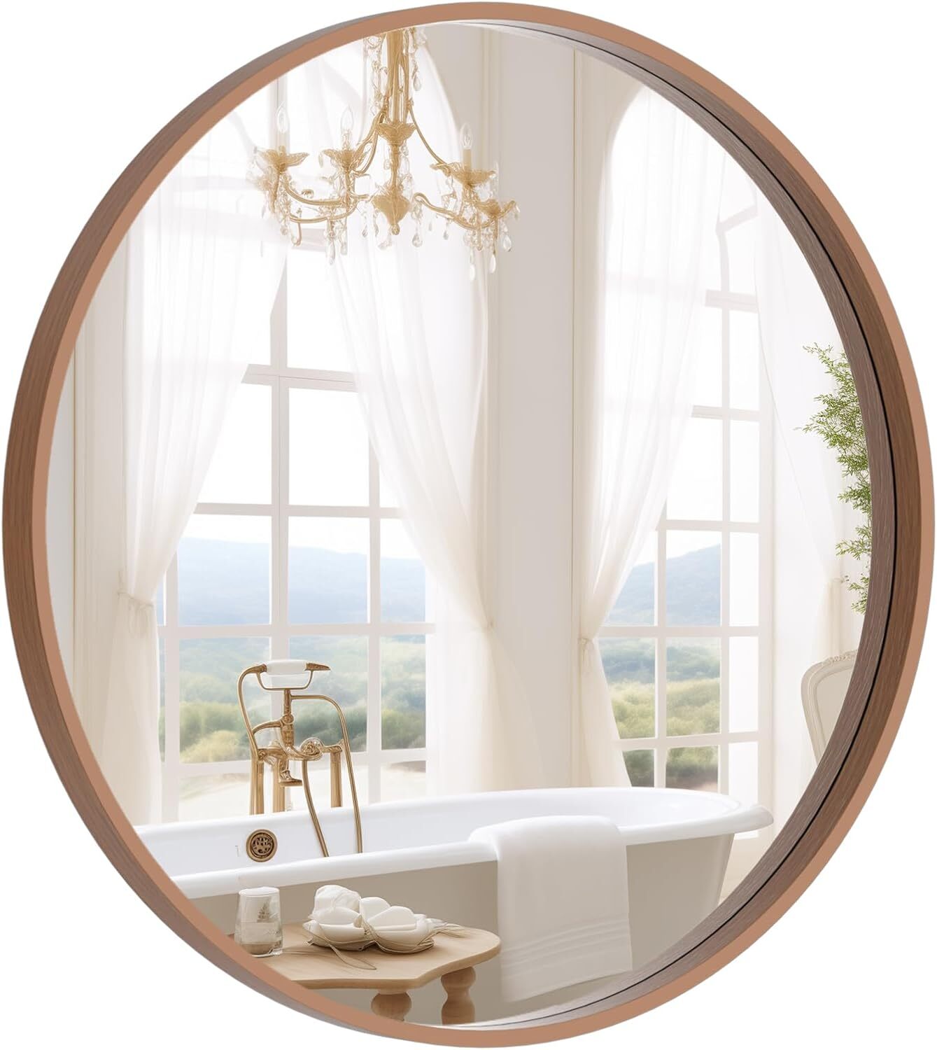 Pine Bordered Round Mirror with Wood Frame 24-Inch Bathroom Round Wall Mirror
