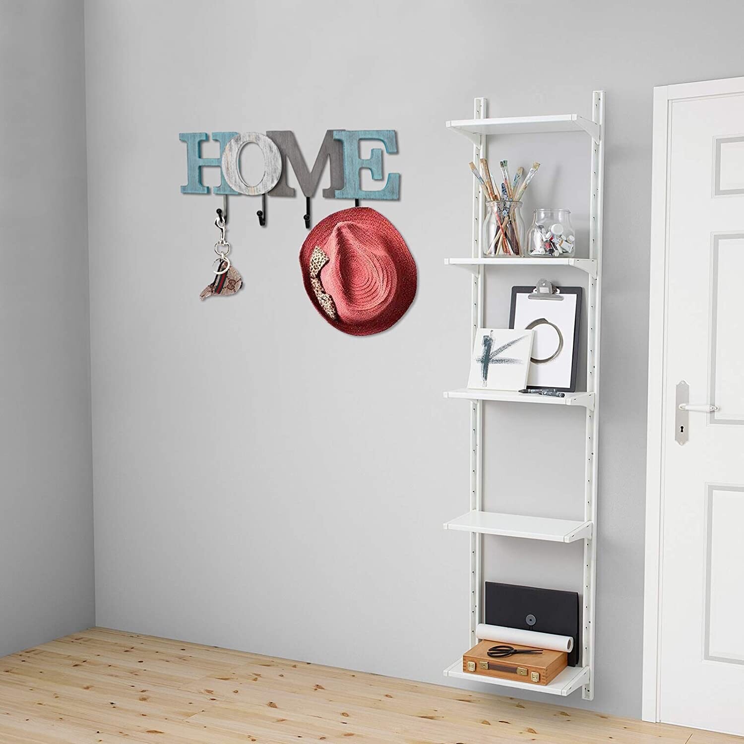 Rustic Wood Home Letter Sign with 4 Hooks Cutout Home Sign Wall Mounted Key Rack