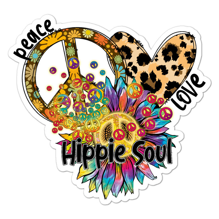 Peace Love Hippie Soul, Vinyl Decal Sticker, Indoor Outdoor, 3 Sizes, #8824