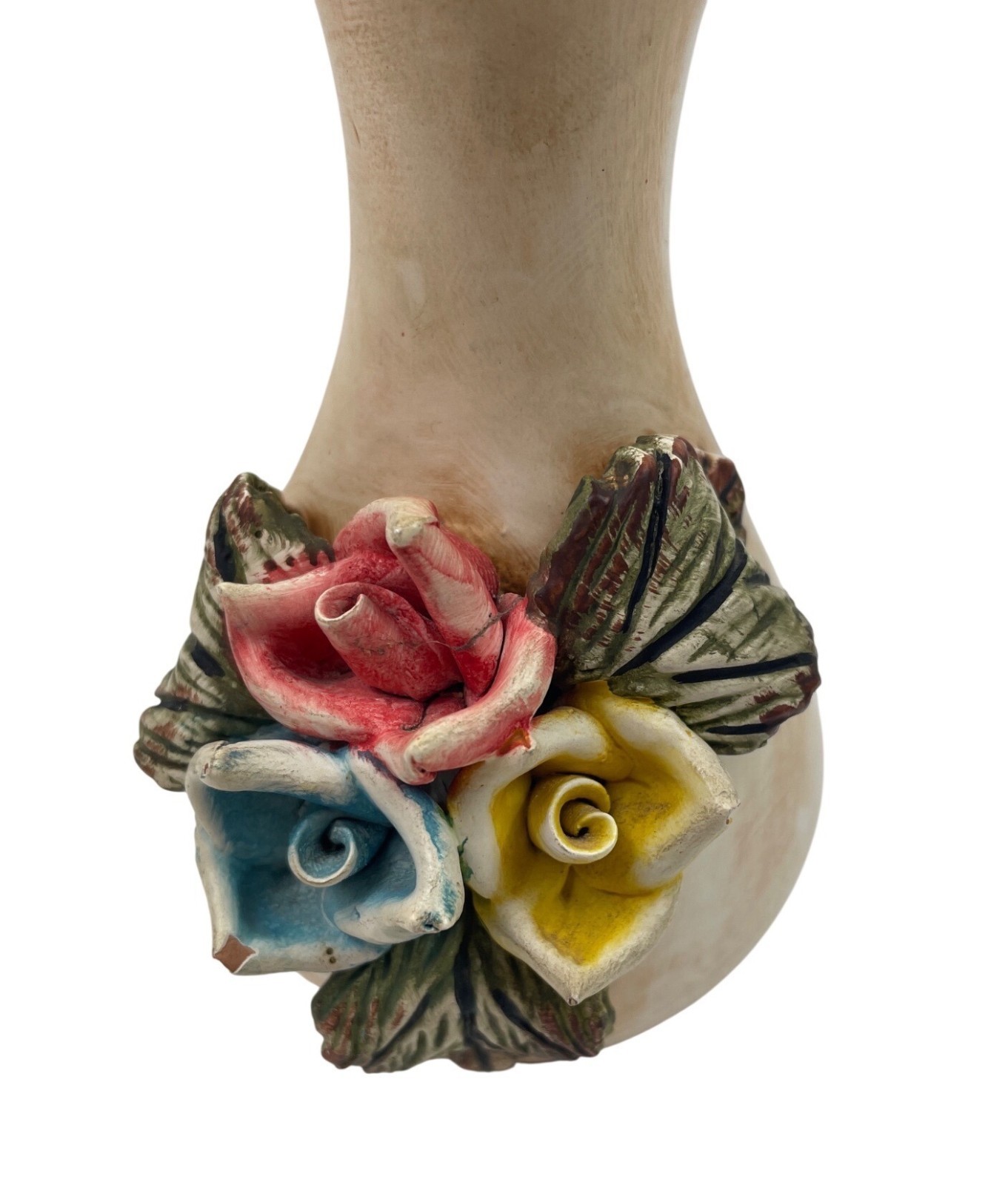 Hand Painted Ceramic Vase Floral Rose Accent Tall White Distressed Finish