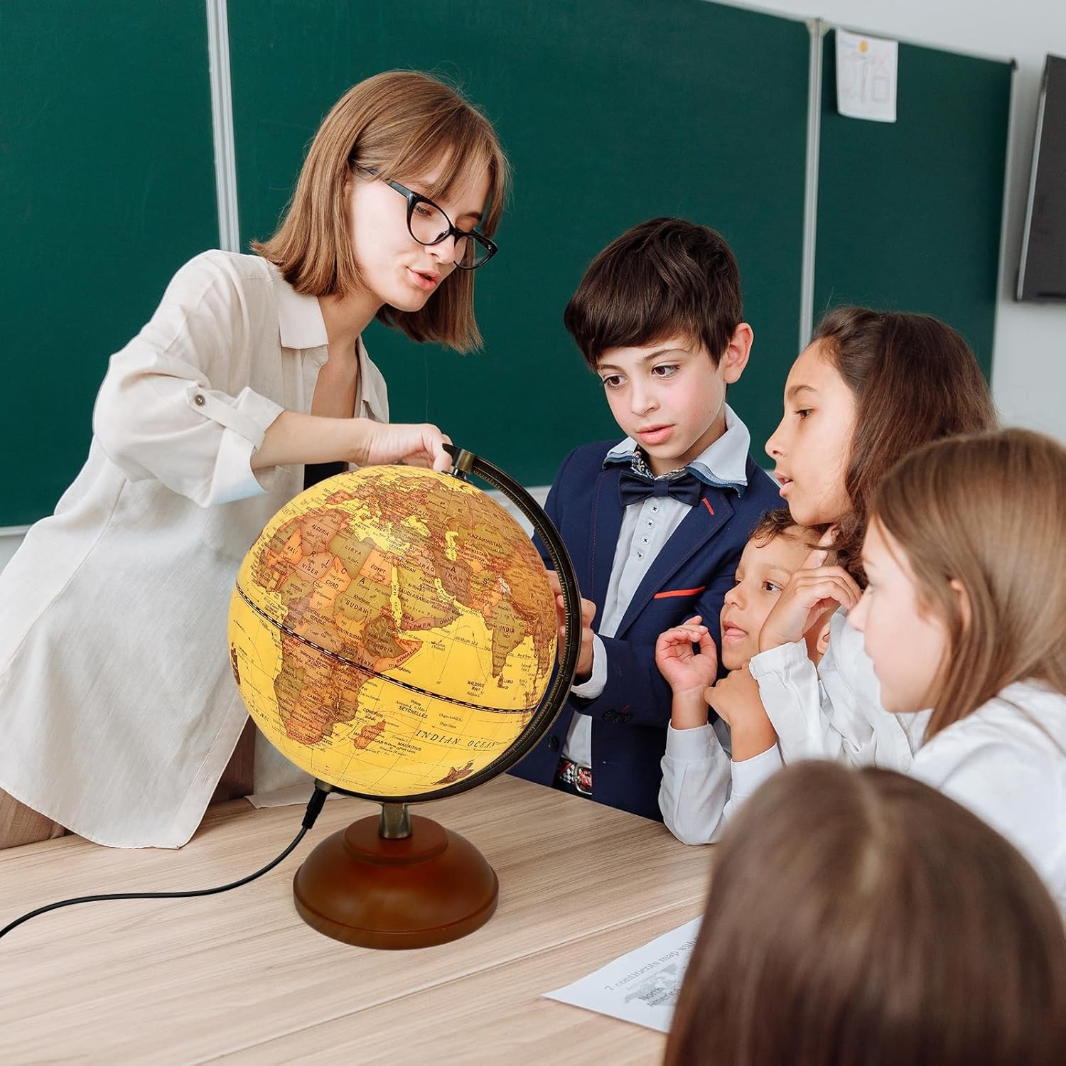 Illuminated World Globe with Wood Stand, 8” Vintage Globes for Adults, Light Up