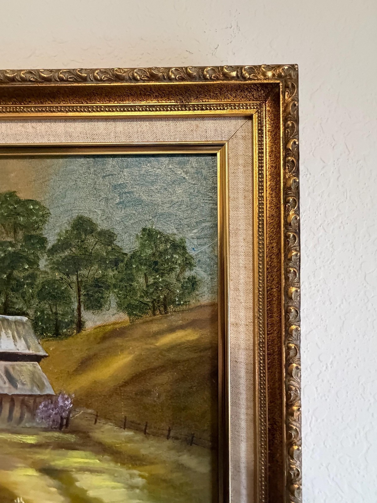 Vintage Oil Painting Signed Iva Frasier Barn Landscape 20×24 Gold Frame