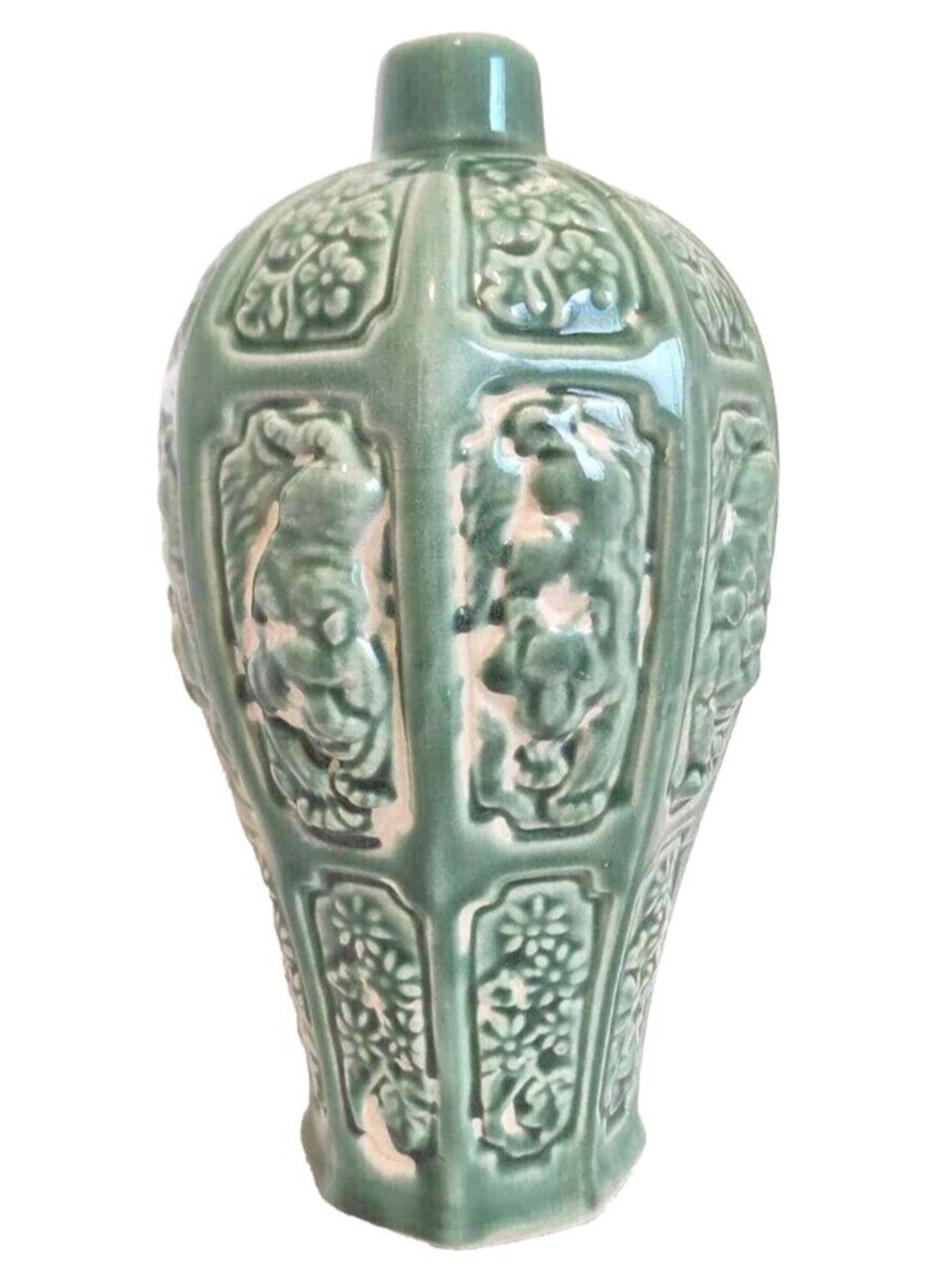 Celadon Green Glaze Majolica Porcelain Jug Relief Heavy Stalking Tigers Cork VTG