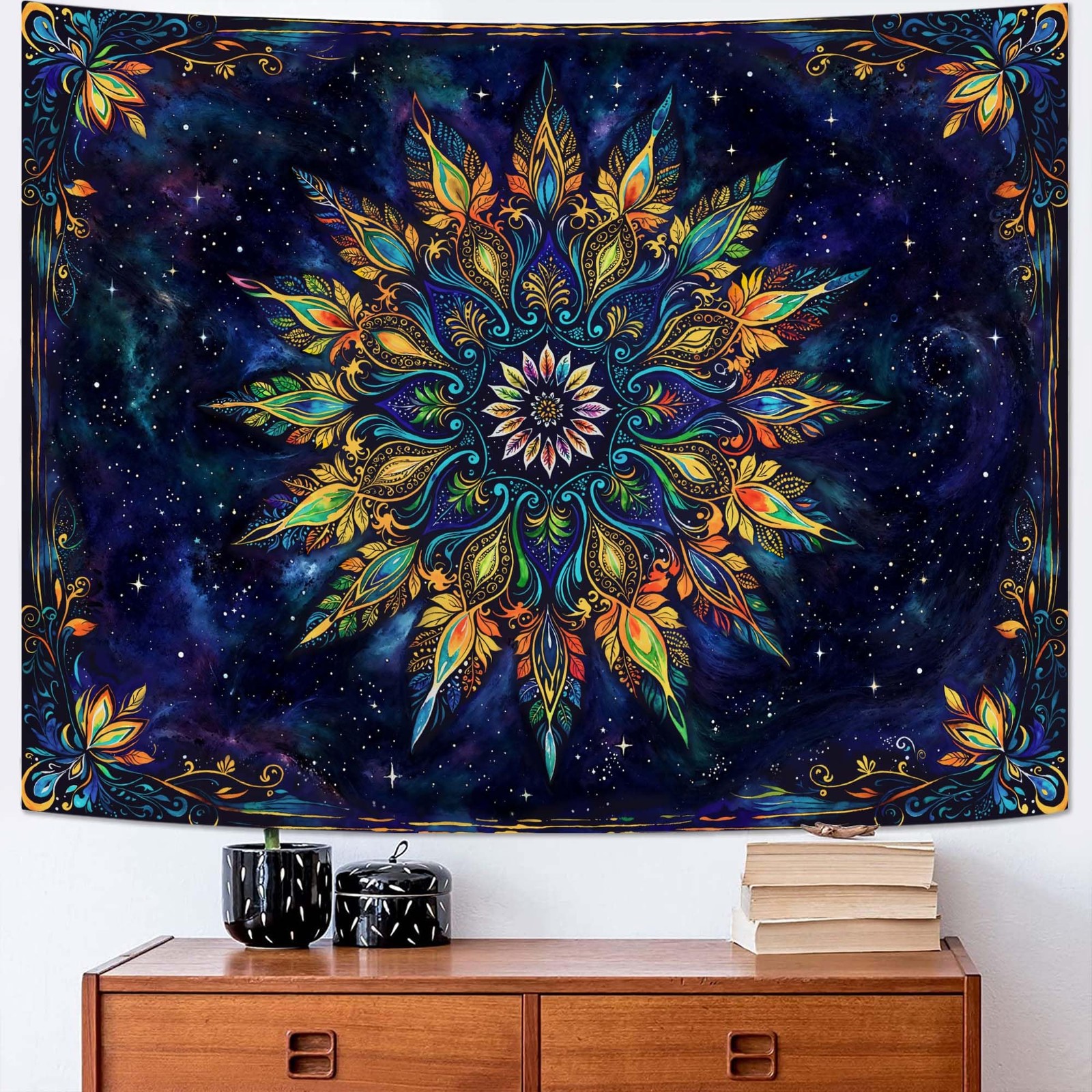 Boho Floral Mandala Tapestry for Bedroom Aesthetic Blue Bohemian Colorful Flower