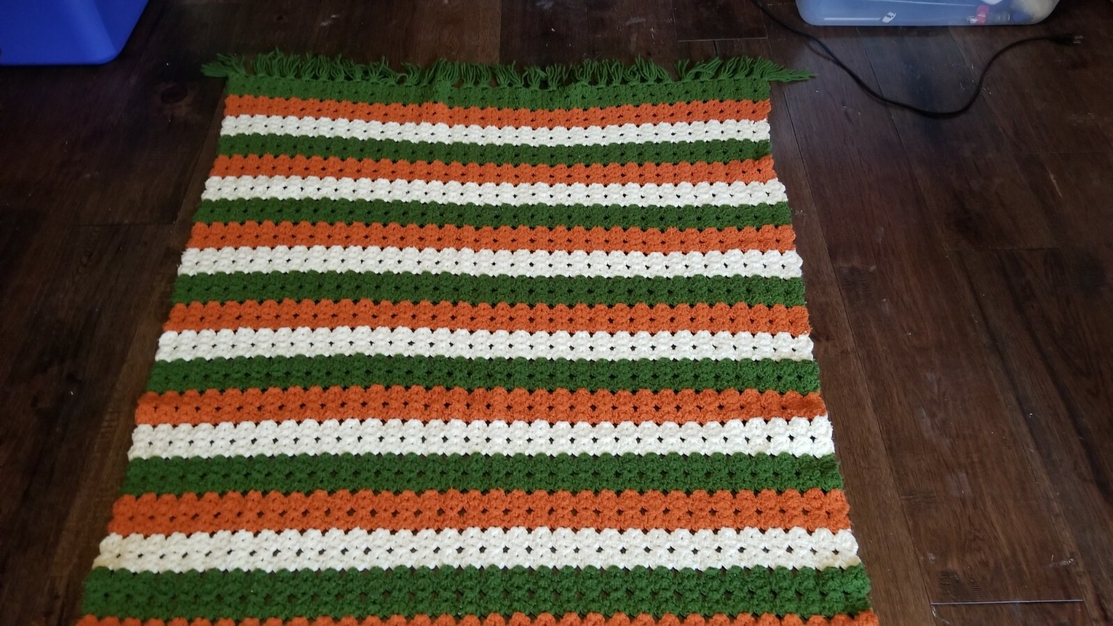 Afghan Blanket Handmade Pattern In Fall Colors Orange Green White 42″ x 68″