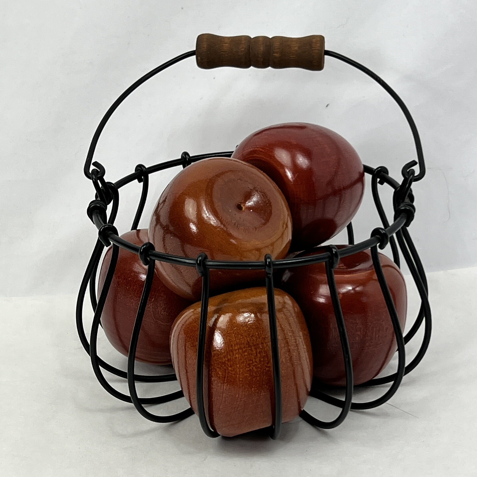 Set of 6 Decorative Wooden Apple no stem in a wired basket