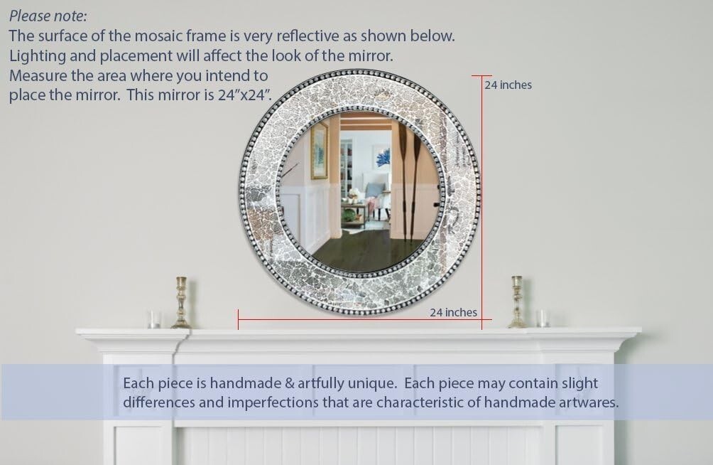 24″ Silver Round Wall Mirror, Crackled Glass Mosaic, Decorative Mirror