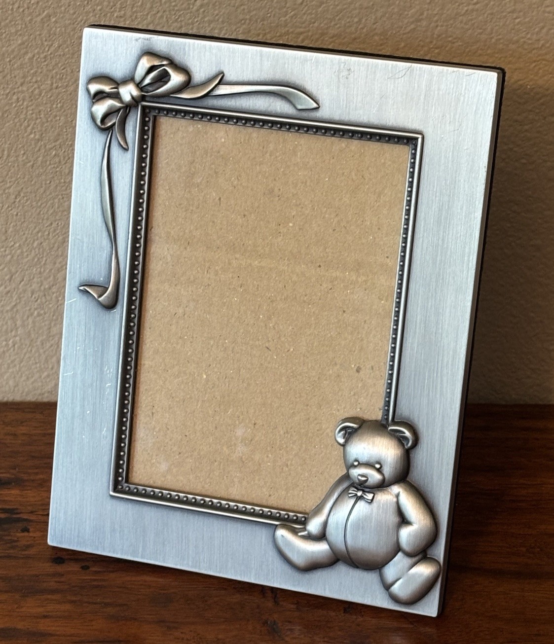Burnes Of Boston Brushed Pewter Picture Frame Teddy Bear & Bow Size 3.5″ X 5″