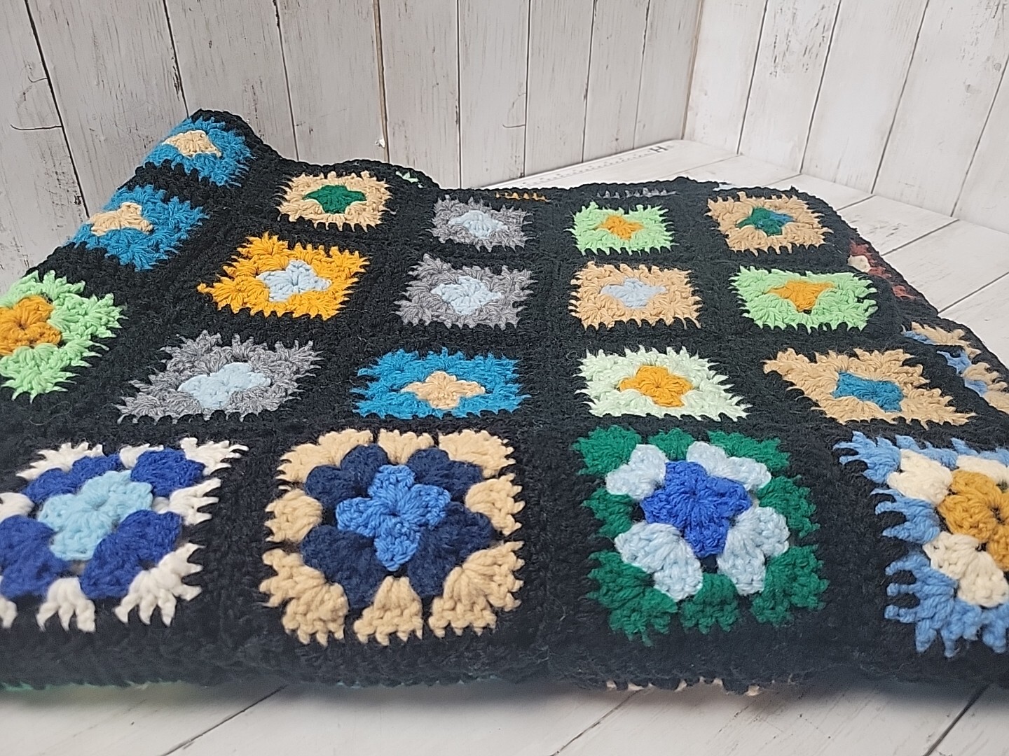 Vintage Granny Square Crochet Knitted Blanket Black Multicolor 44″ x 71″