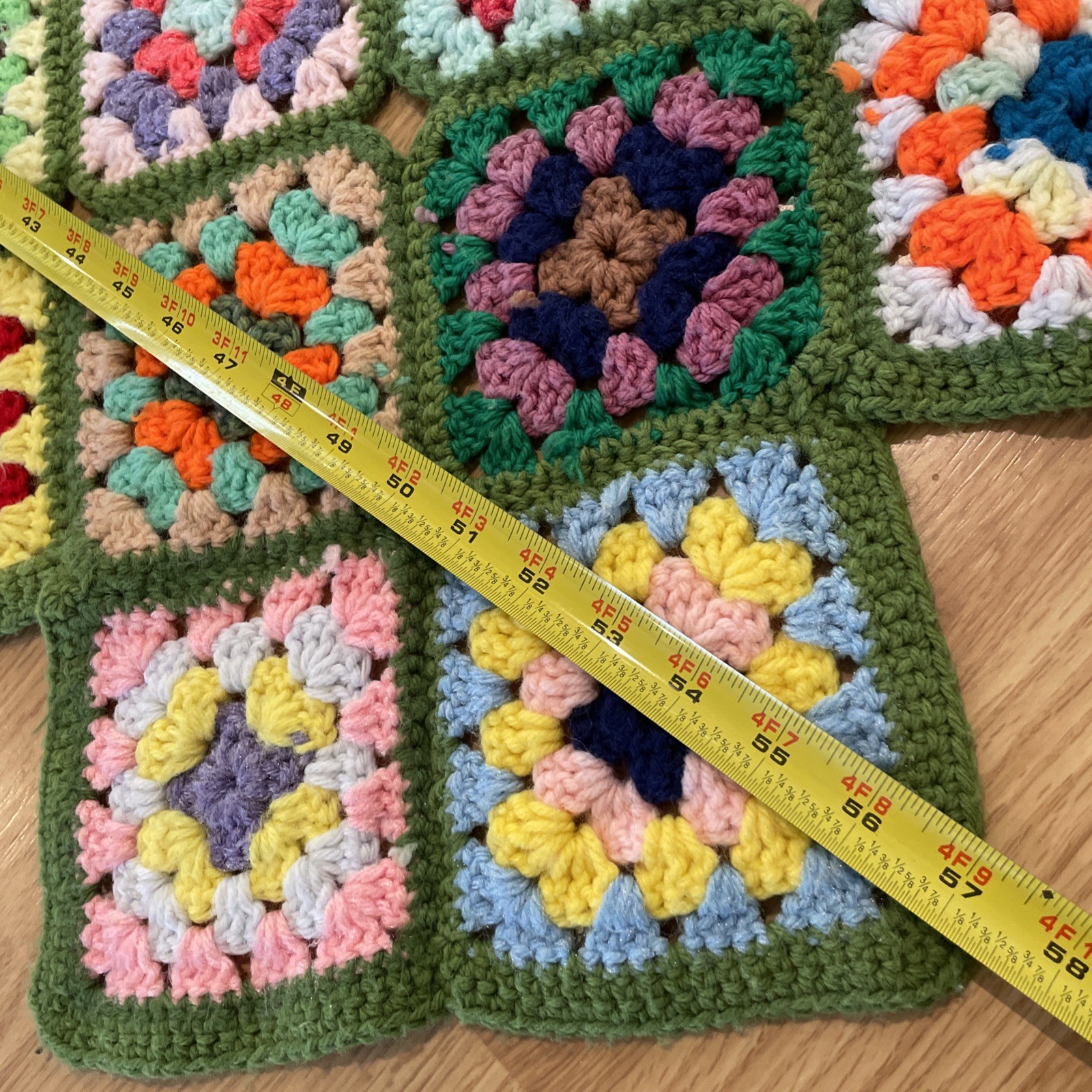 Vintage Crochet Afghan Roseanne Granny Square Throw Colorful Chunky Green Multi