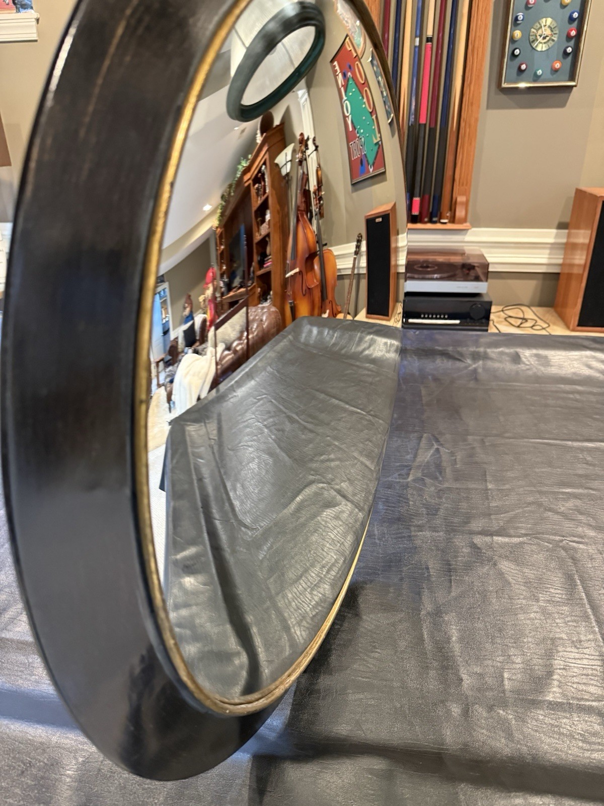 Ballard Designs 30in Round Convex Wall Accent Mirror Black/Gold Wood Frame