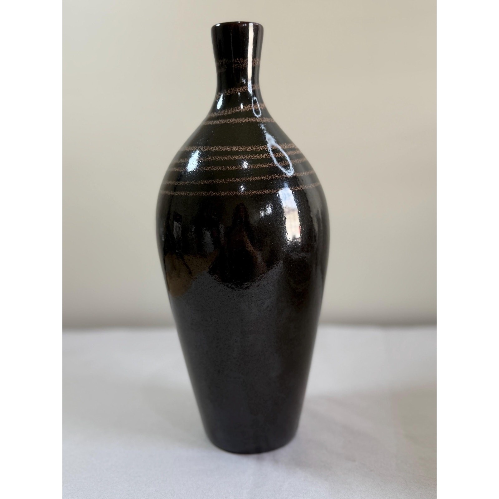 Mid Century Modern Black Glazed Studio Pottery Vase Gold Stripe Detail Bottle
