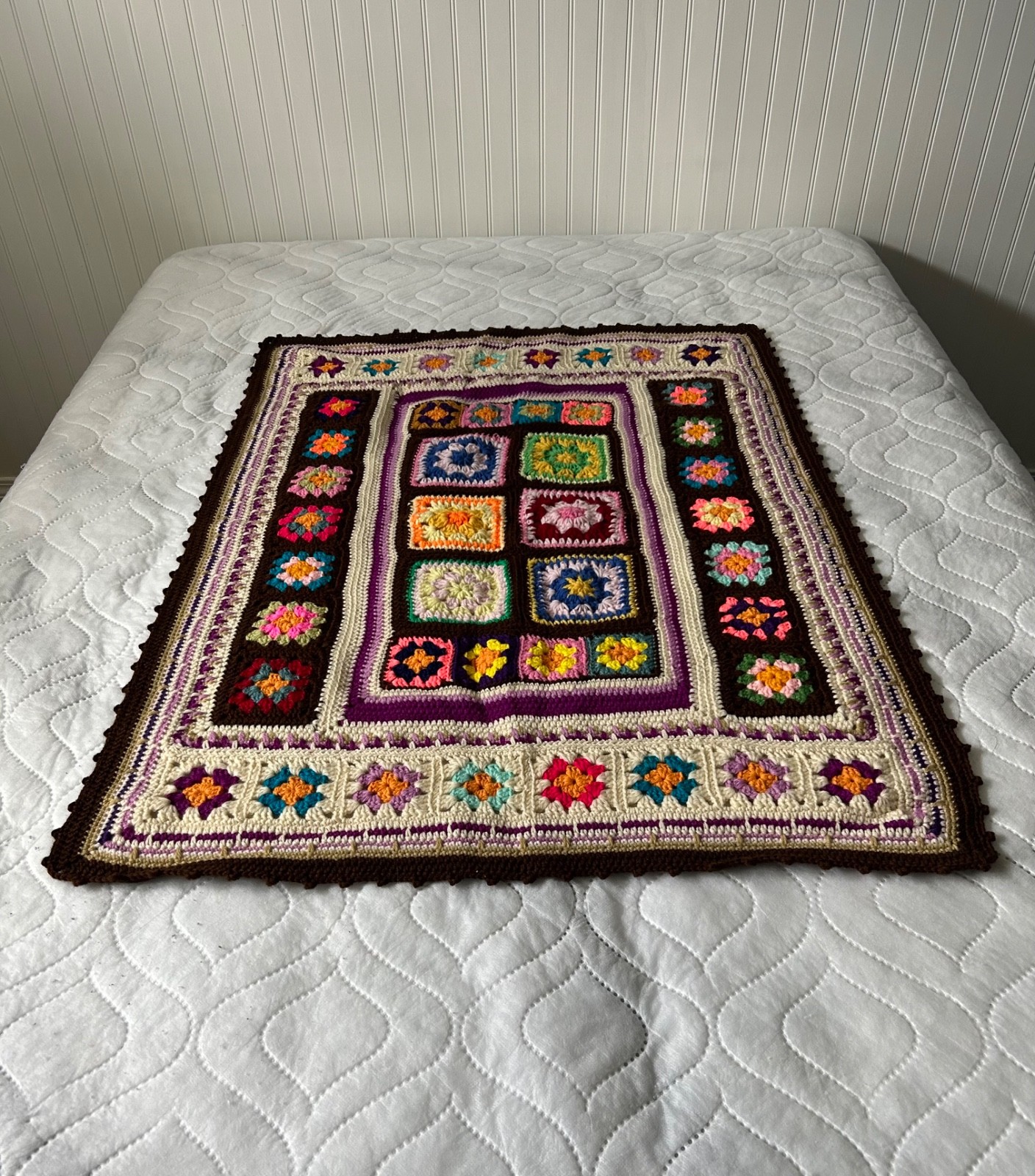 Vintage Granny Square Afghan Colorful Baby Blanket Chair Throw 42”x 31.5”