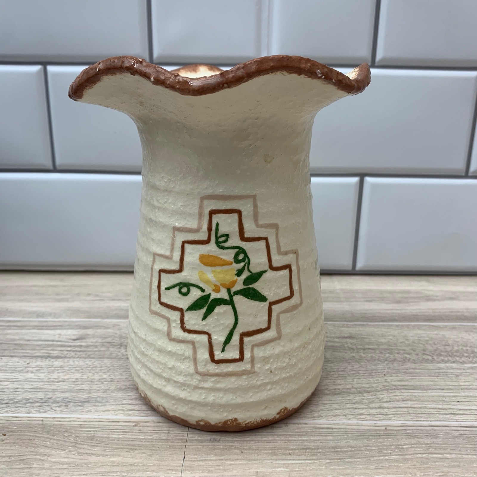 VTG Handmade Ceramic Vase Floral Yellow Design Rustic Country Farmhouse Decor