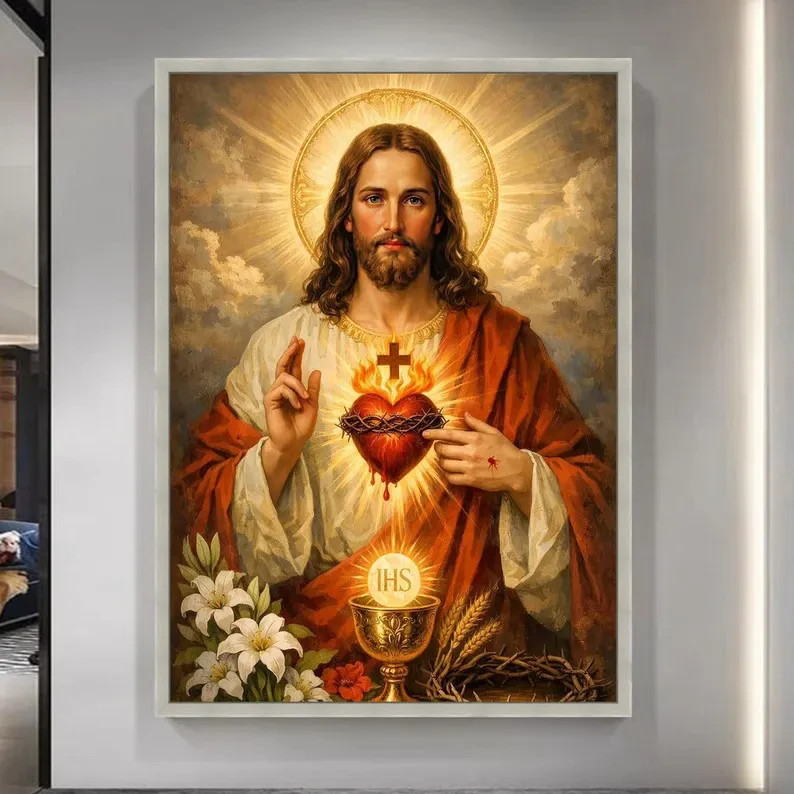 Sacred Heart of Jesus Canvas Wall Art, Divine Love Illustration, Religious Home