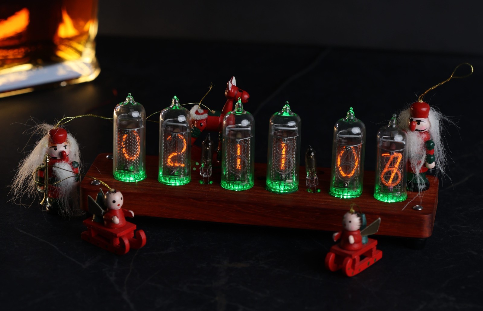 Complete Nixie clock. Installed in-14 tubes. Wood case. Brass ring.