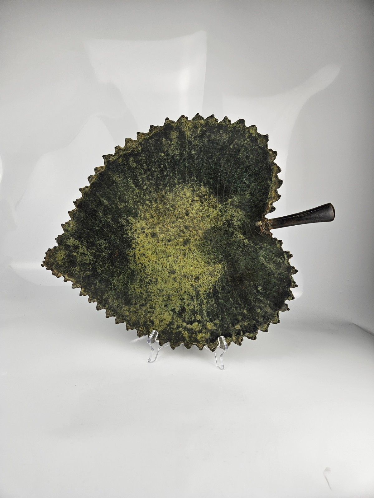 Large Decorative Metal Leaf Tray Bowel Verdigris Patina Ball Feet Serrated Edge