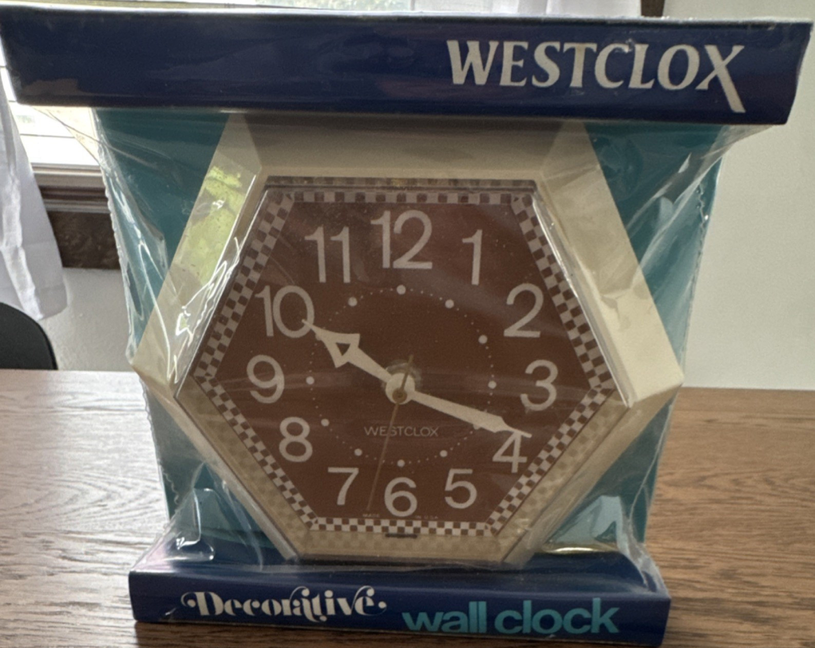 Westclox Hexagon Wall Clock 26359 Analog Arabic Numerals Protective Lens Beige