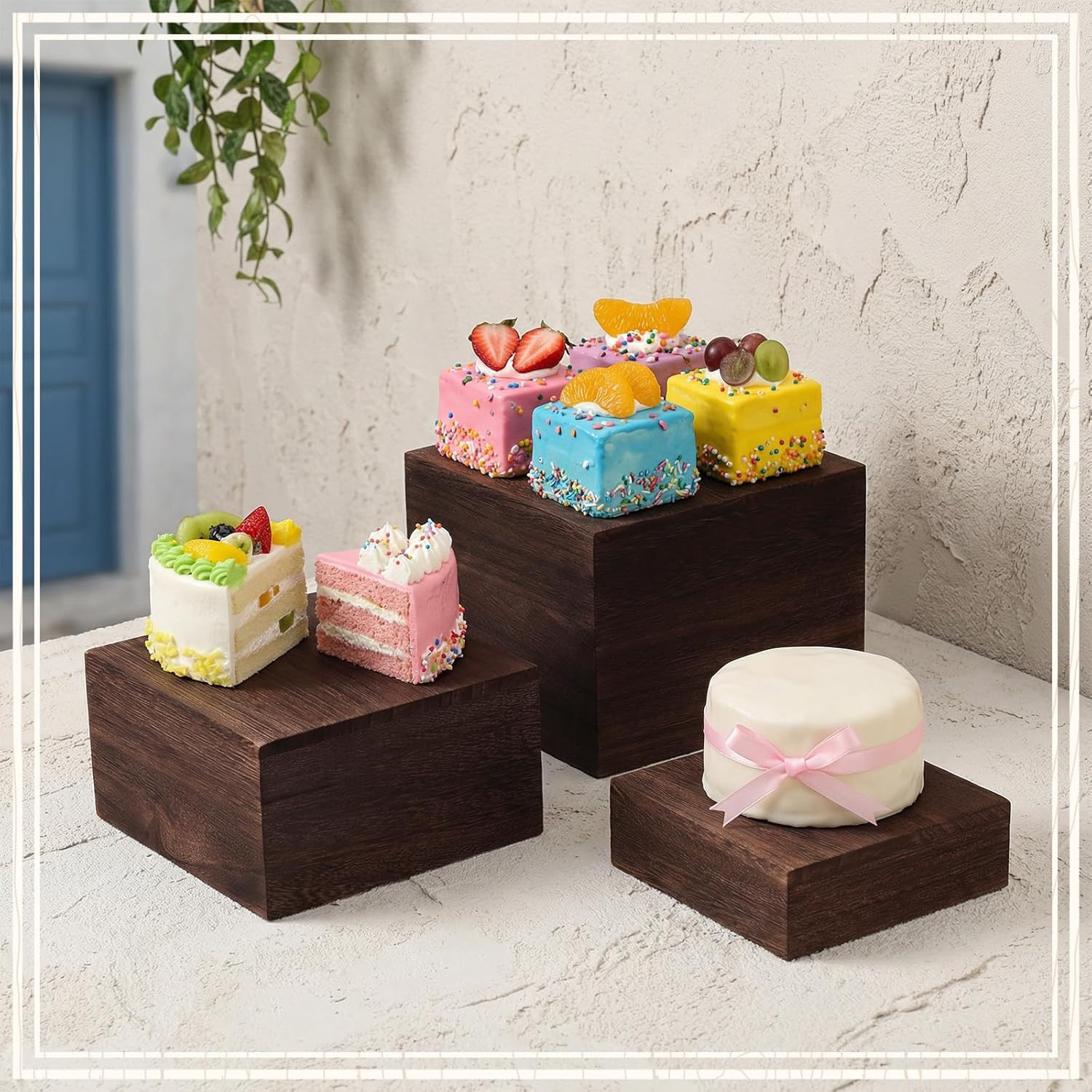 Wooden Display Risers Set – 6 Pcs Stackable Rustic Stands for Events and Decor