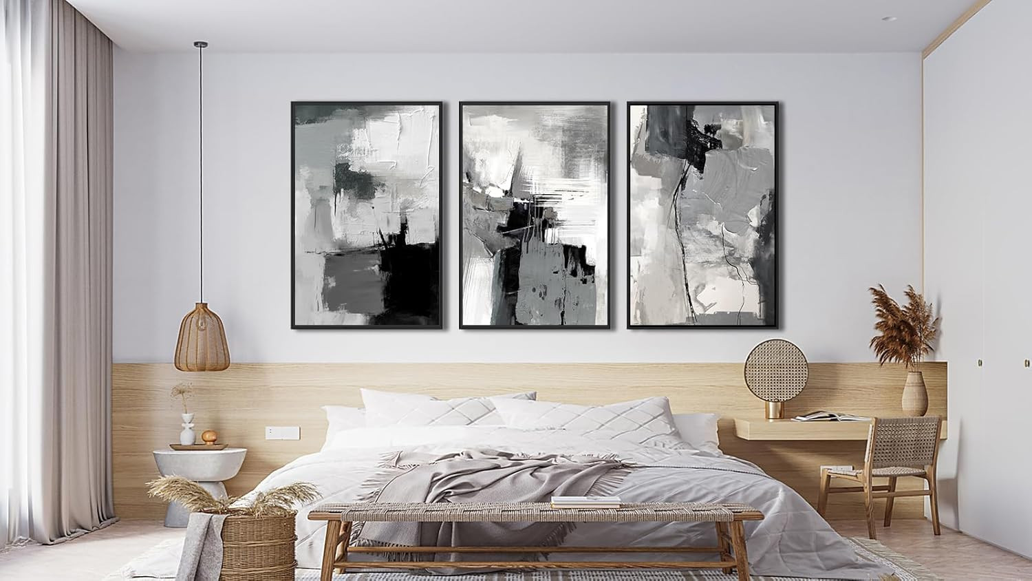 Retro Grey Graffiti Canvas Art – 3-Piece Framed Wall Decor for Living Room