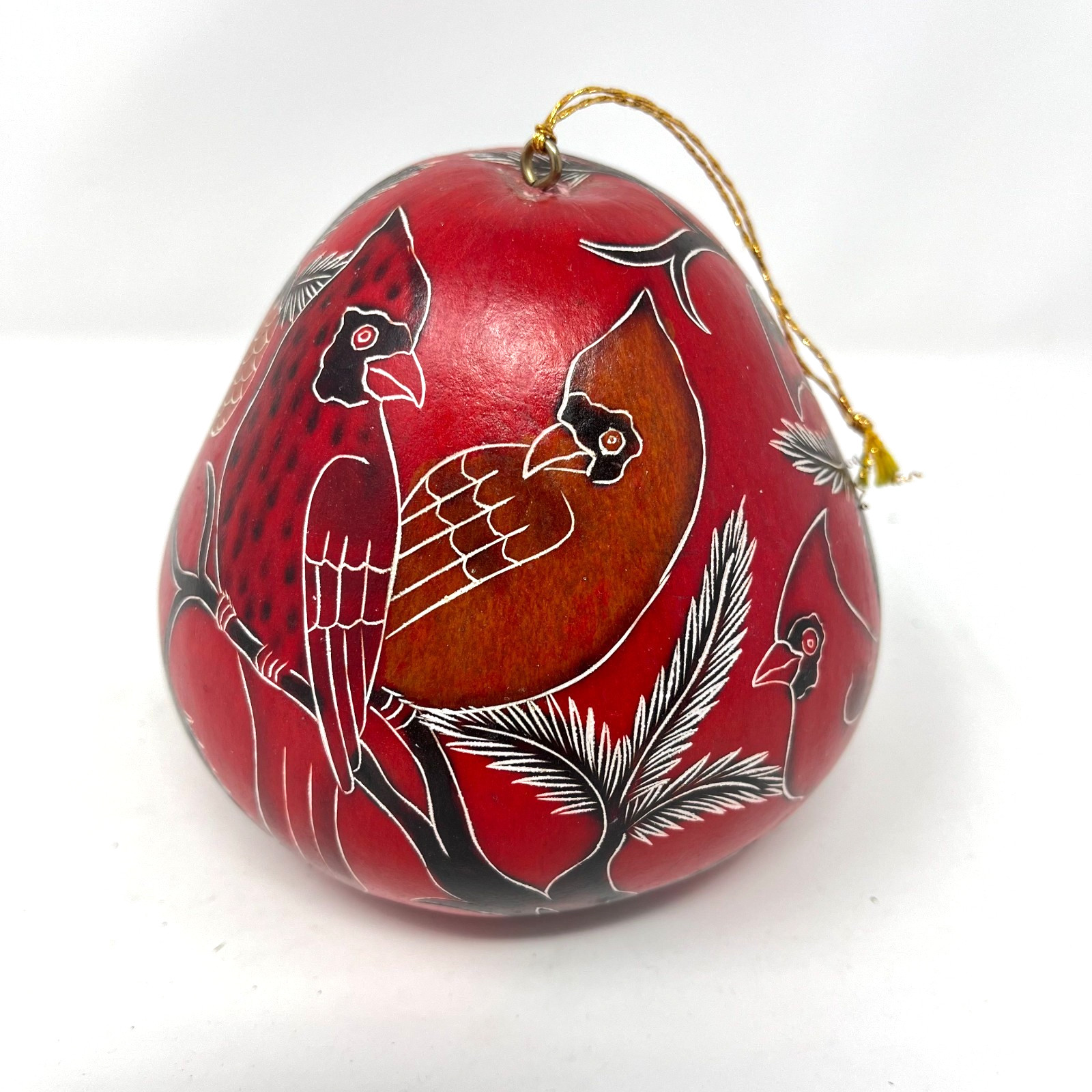 Carved & Etched Lucuma Hanging Gourd Cardinals Birds, Branches, Pinecones Peru