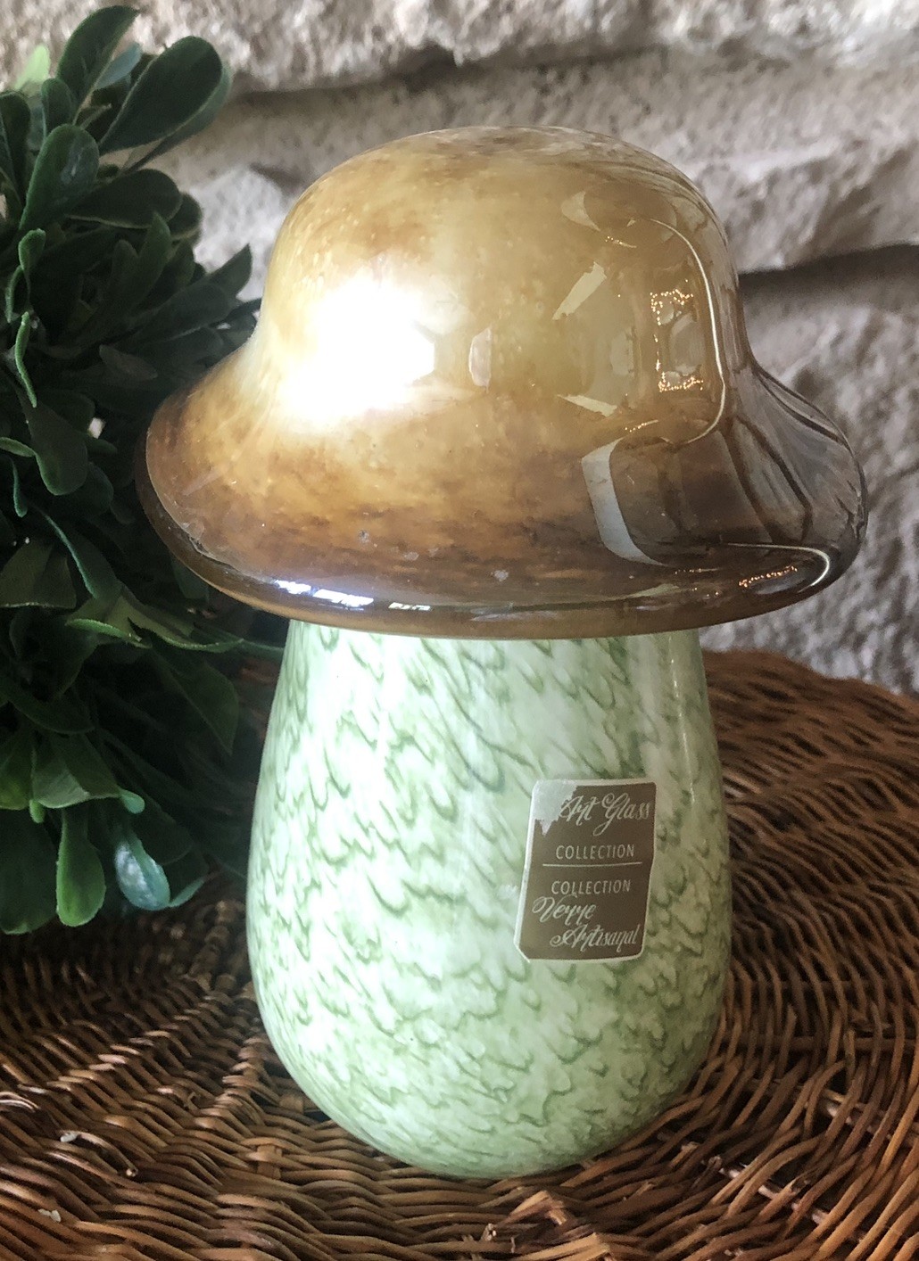 Pier1 Imports Art Glass Collection Mushroom Decor Green Brown 4.5″x6.5″ NEW