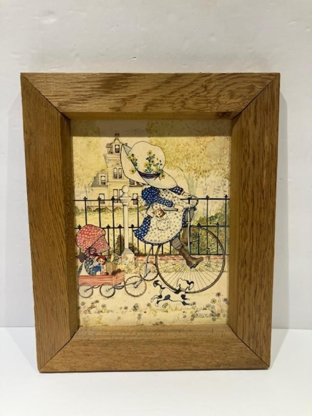 Vintage 1970s Holly Hobbie Wood Framed Picture Girls bike wagon wall hanging