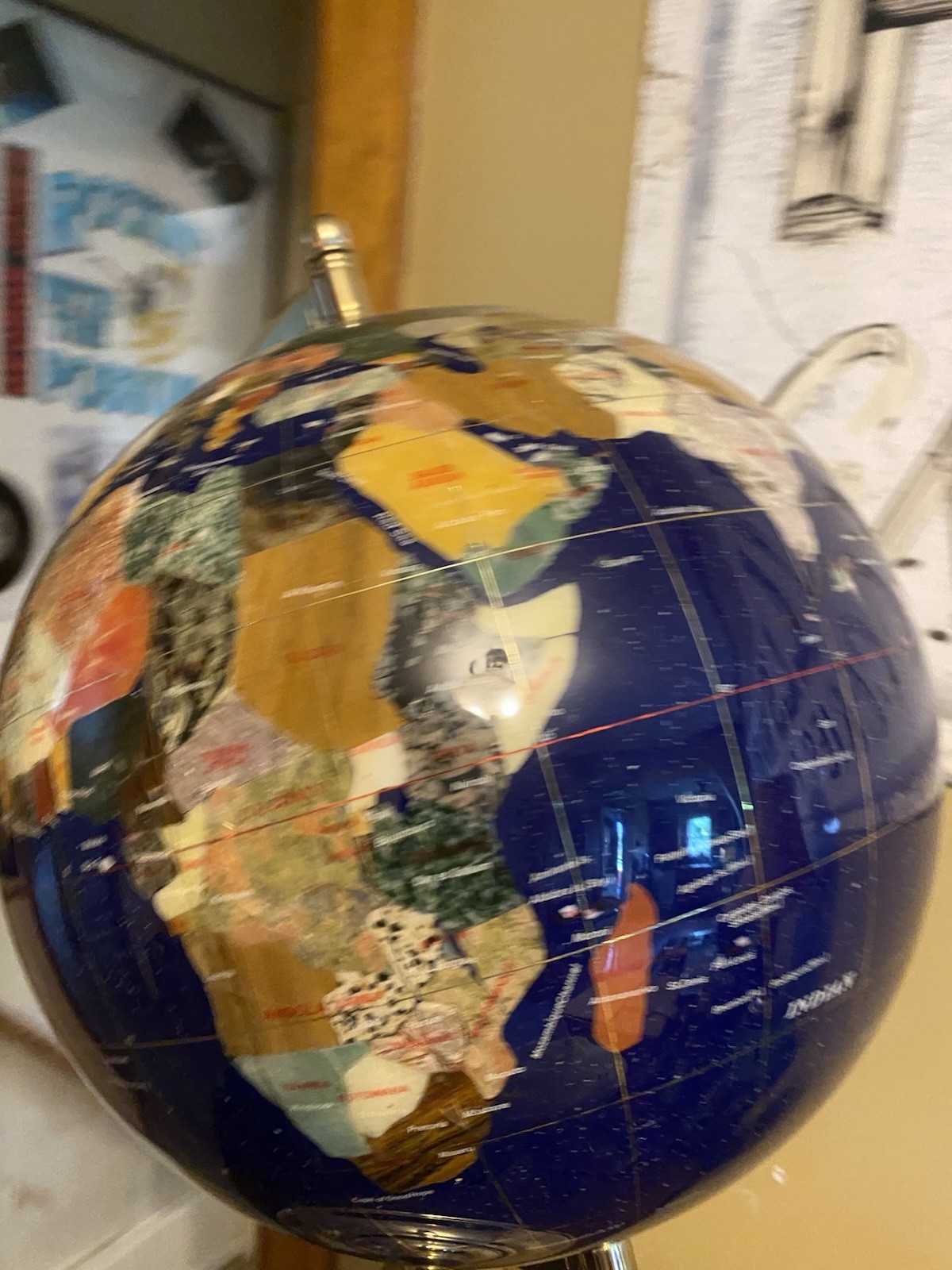 Large 24″ Blue Lapis Gemstone World Globe on Polished Brass Stand