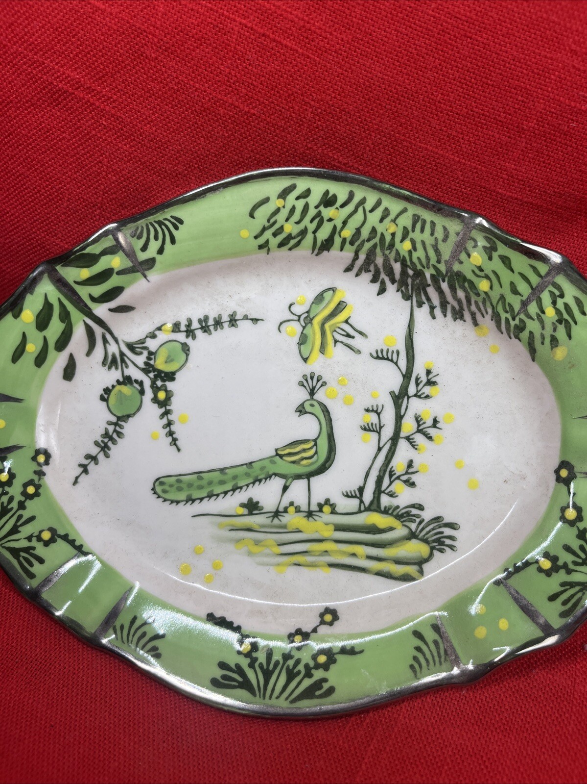 Anthropologie Trinket Dish Peacock Green White 7.5” X 5.5” Oval Silver Trim