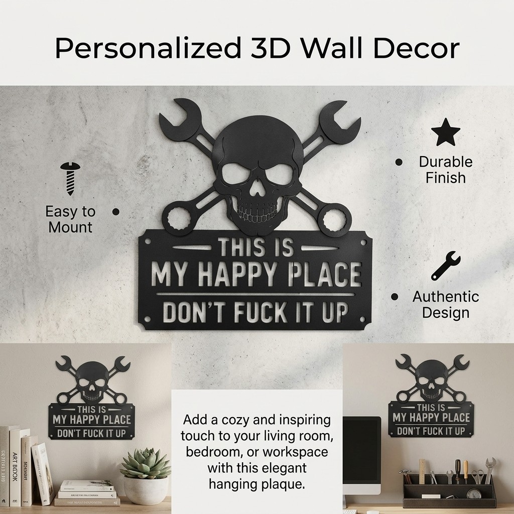Edgy Skull & Wrenches Metal Wall Sign | This is My Happy Place Don’t Ruin It