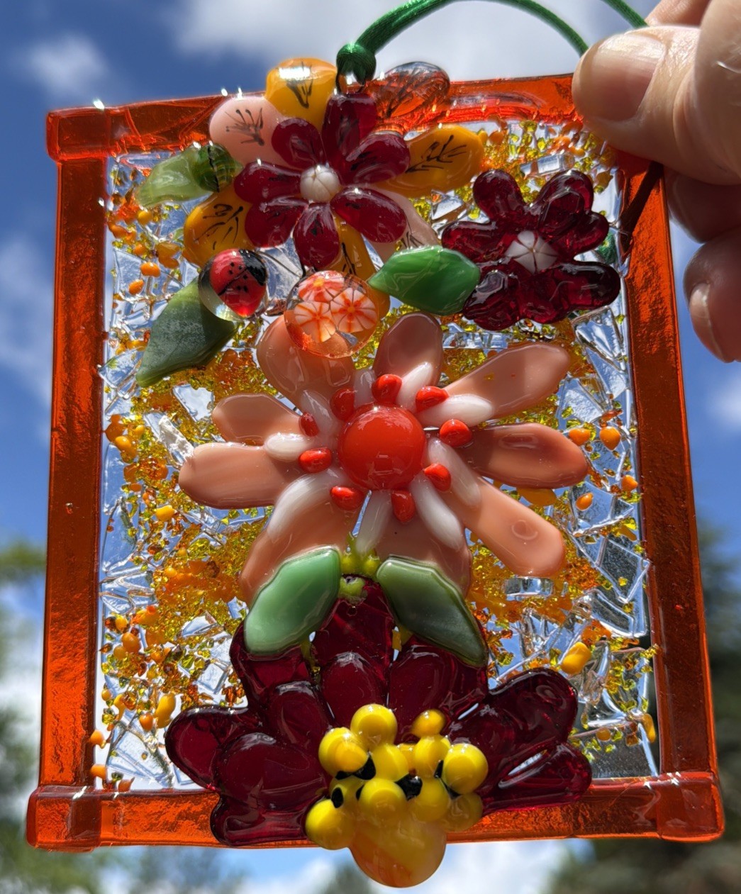 Fused Glass Handmade Flowered Rectangular Multicolor Sun Catcher Signed