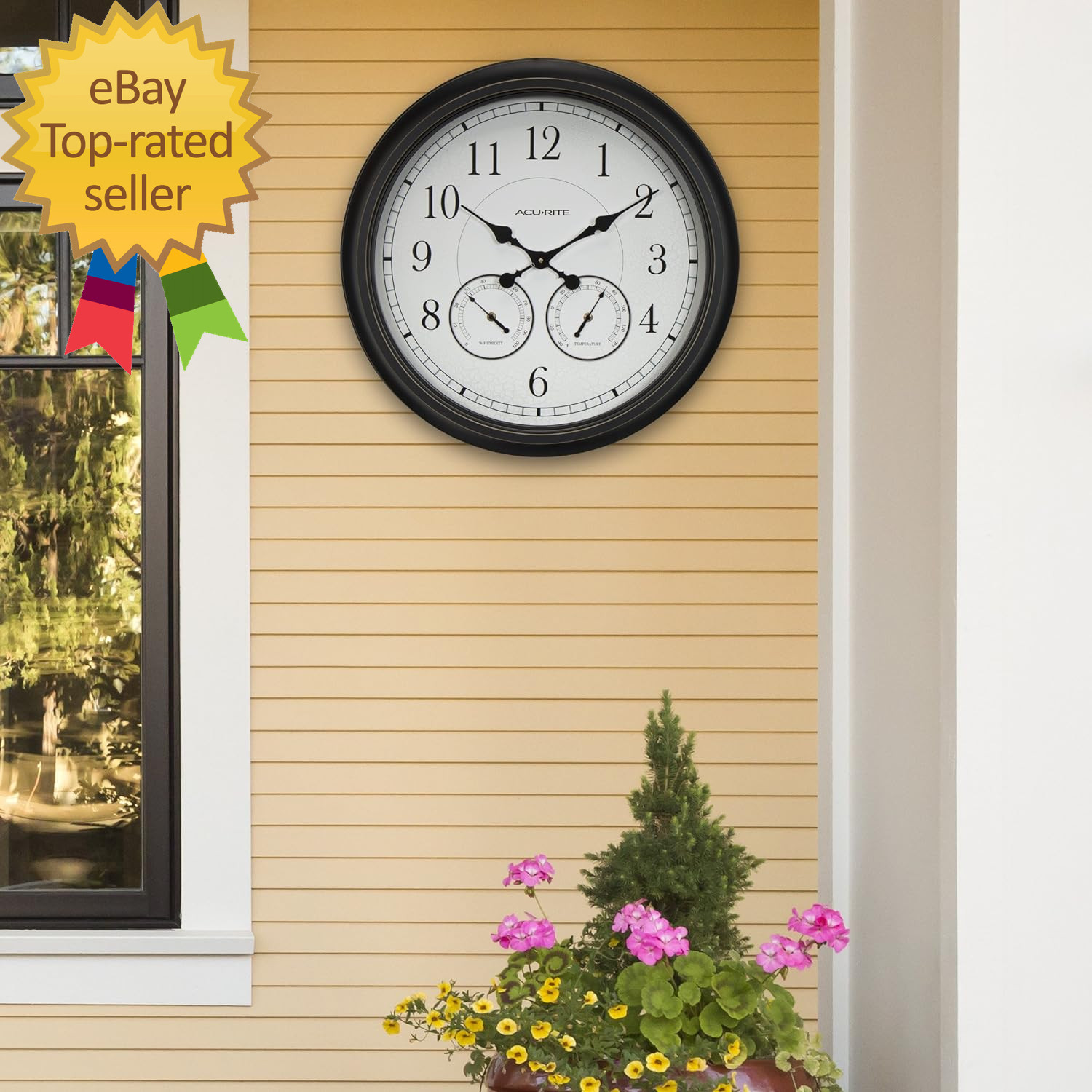 75473 24 Inch Weathered Black Wall Clock with Thermometer and Hygrometer