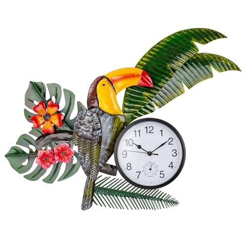 Toucan Outdoor Clock and Thermometer Combo Silent Non-Ticking Metal Wall Decor