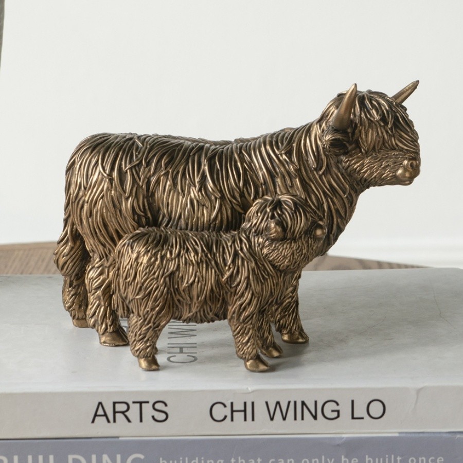 5.5″H Lifelike Highland Cow & Calf Statue Polyresin Figurine Tabletop Decor