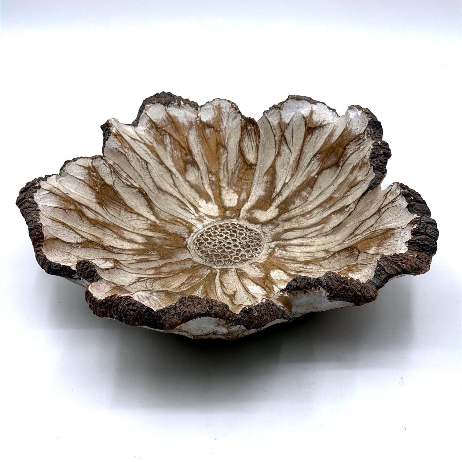 Rustic Flower Petal Decorative Bowl Brown Cream Textured Floral Centerpiece 11″