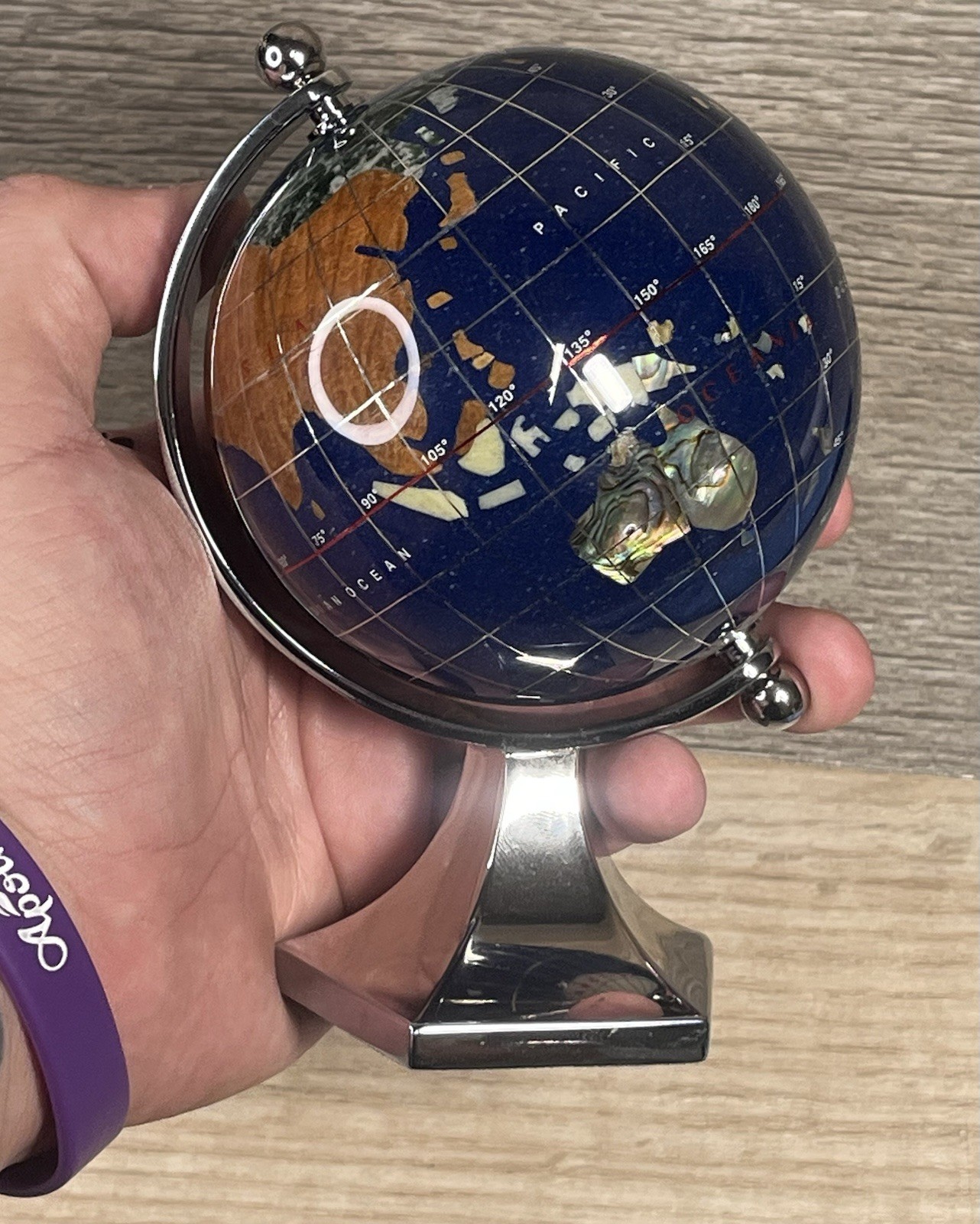 GEMSTONE MINI WORLD GLOBE Semi-Precious Inlay Chrome Stand 5.5″ Tabletop Decor