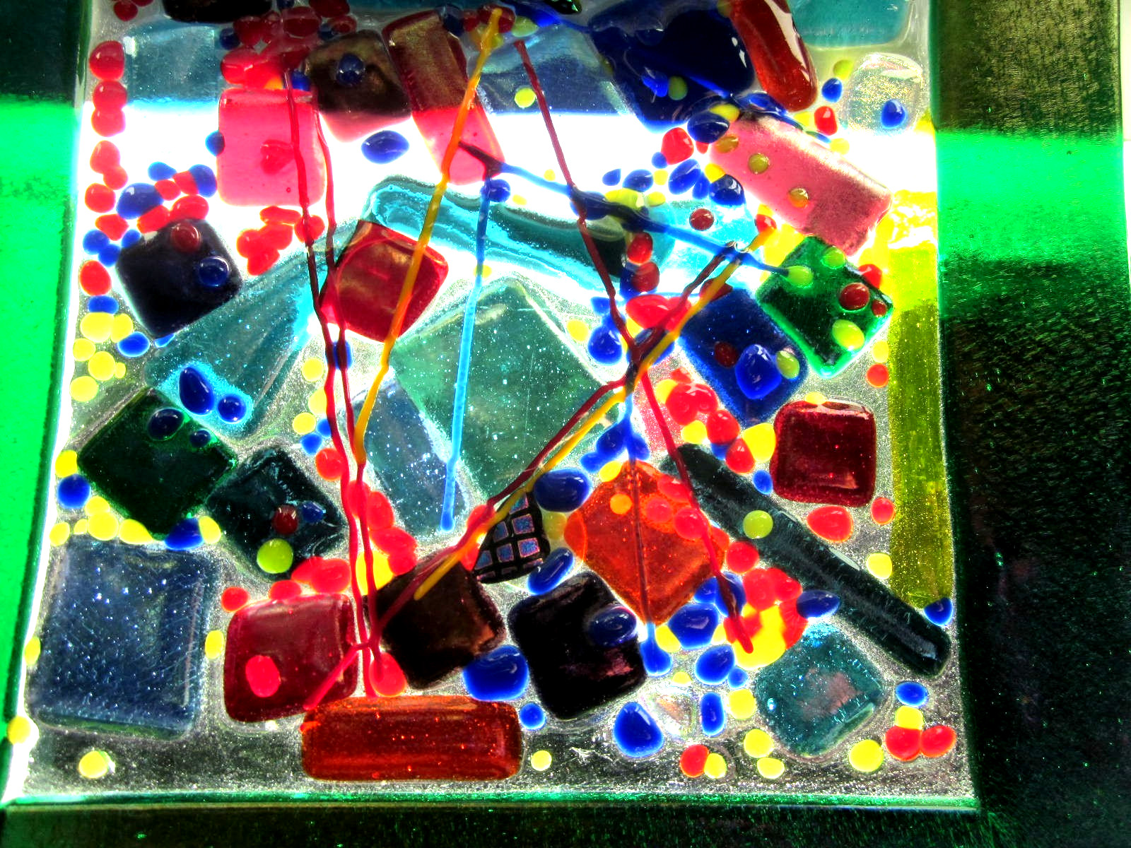 Fused Art Glass Multicolor Dichroic Square Trinket Candy Dish Plate 7×7 Inches