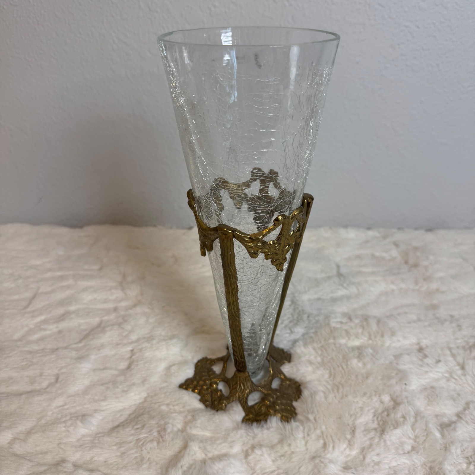 Vintage Crackle Glass Trumpet Vase with Ornate Brass Leaf Base Holder 11.5 Inch
