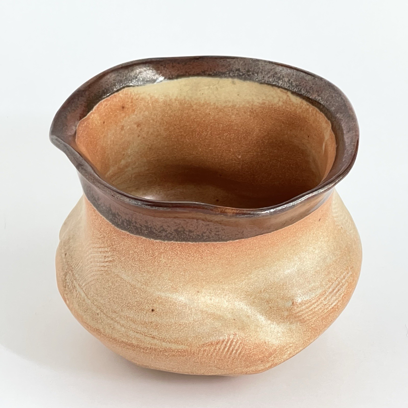 Art Pottery Vase Planter Brown Glazed Rim Textured Beige Orange Body Signed 4.5”