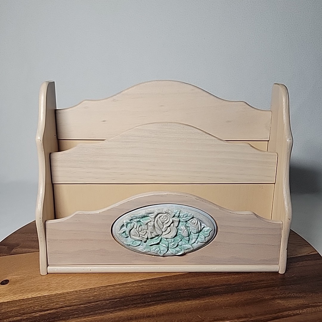 Cottagecore Letter Holder Mail Sorter Organizer Light Wood Pink Roses Country